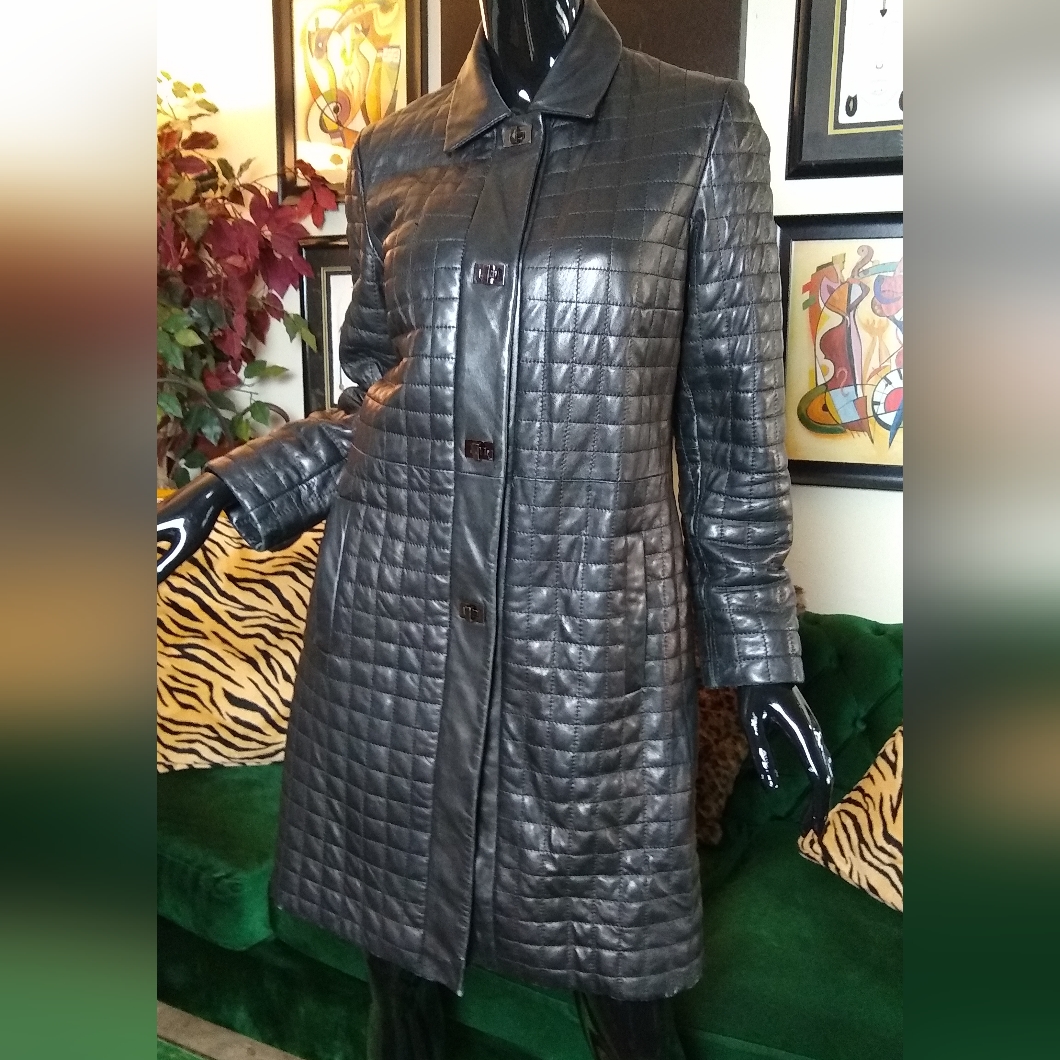3/4 Length Leather Quilted Twist Lock Coat